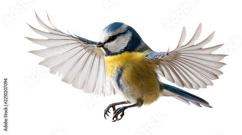 Eurasian blue tit bird with spread wings in flight