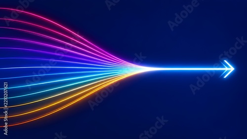 Colorful glowing neon light streams converging into a single bright forward arrow on dark blue background symbolizing synergy, data integration, and unified strategy