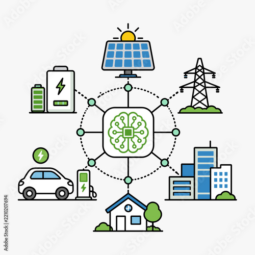 Intelligent energy grid vector illustration with smart power management, renewable solar energy, and EV charging icons