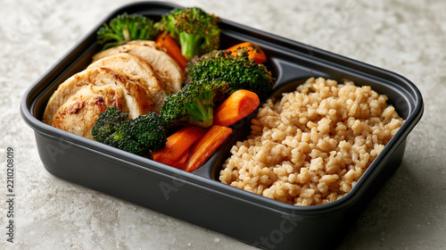 Healthy grilled chicken meal prep container with roasted vegetables