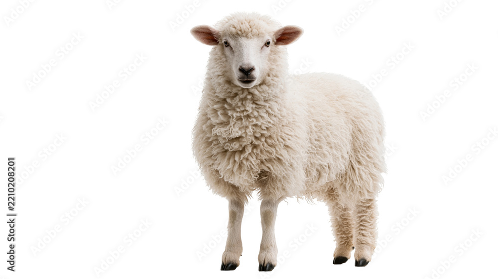 Fototapeta premium Fluffy white lamb standing and looking forward