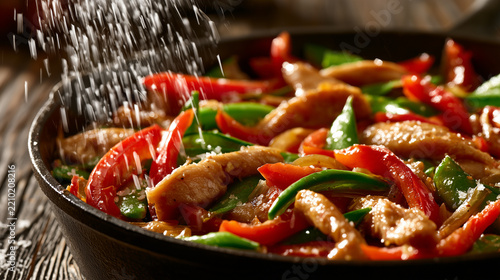 Coarse Sea Salt Sprinkled Over Thai Chicken Stir Fry in Cast Iron