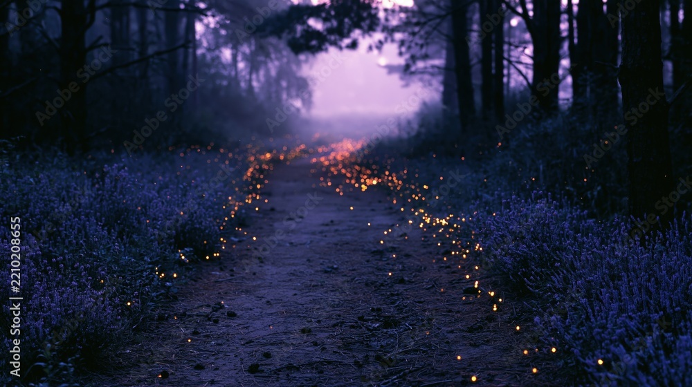 Obraz premium The Enchanted Path Through a Lavender Forest of Floating Lights