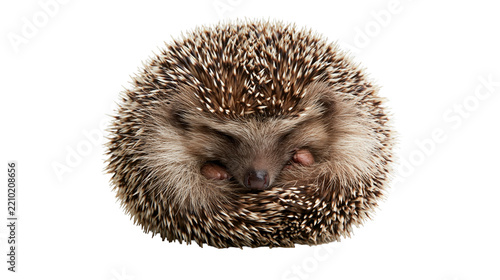 Small curled up hedgehog with brown and white sharp quills