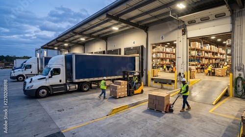 Professional logistics team managing cargo shipment and warehouse operations with trucks and forklifts at a distribution hub
