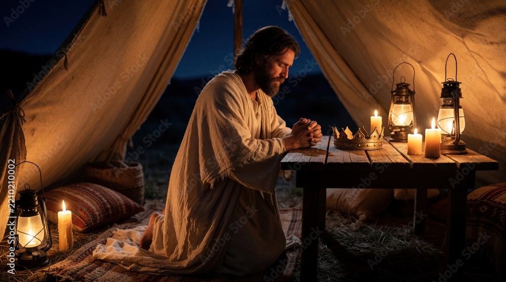 Fototapeta premium Biblical king David kneels in prayer inside tent at night. Man in ancient robe prays near crown on wooden table. Warm candlelight illuminates solo man seeking God through repentance, humble worship