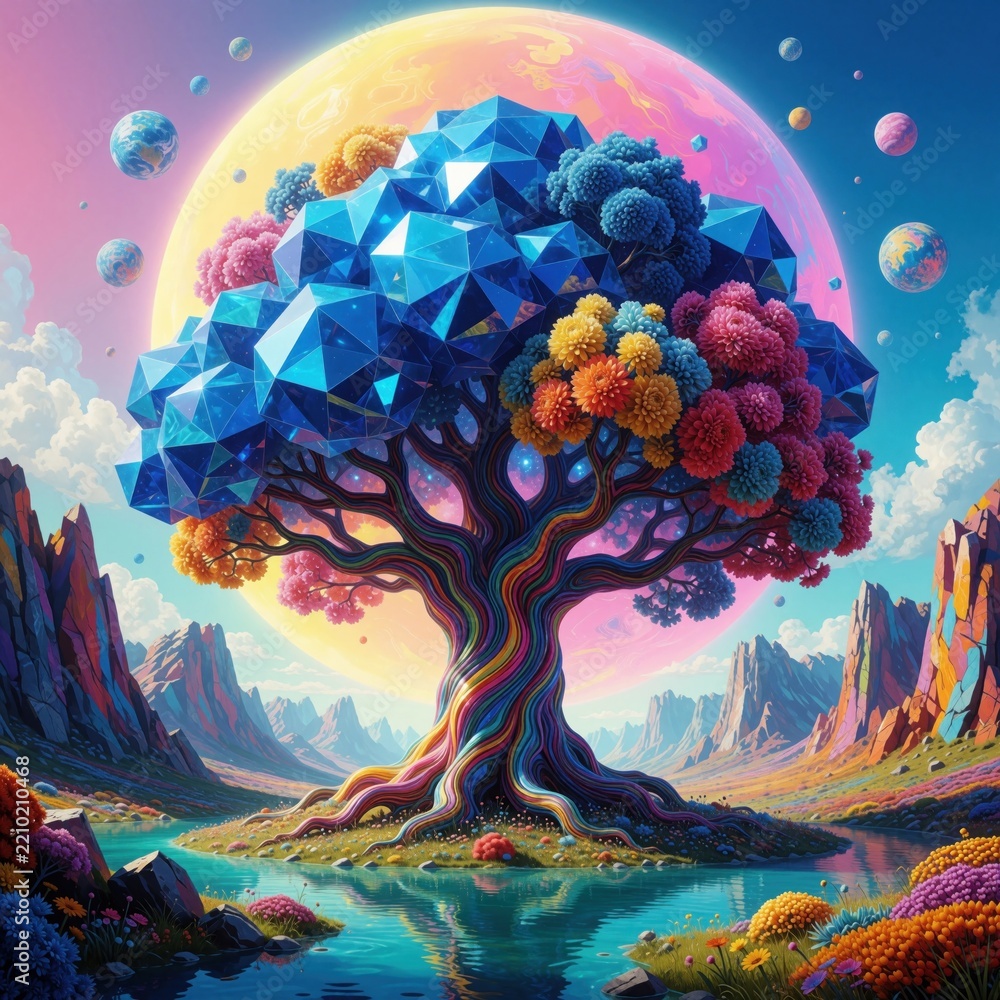 Obraz premium Colorful fantasy tree with geometric blue leaves, rainbow trunk stands in magical landscape. Vibrant cosmic planets float in sky above mountains, river. Surreal dream world nature concept with bright