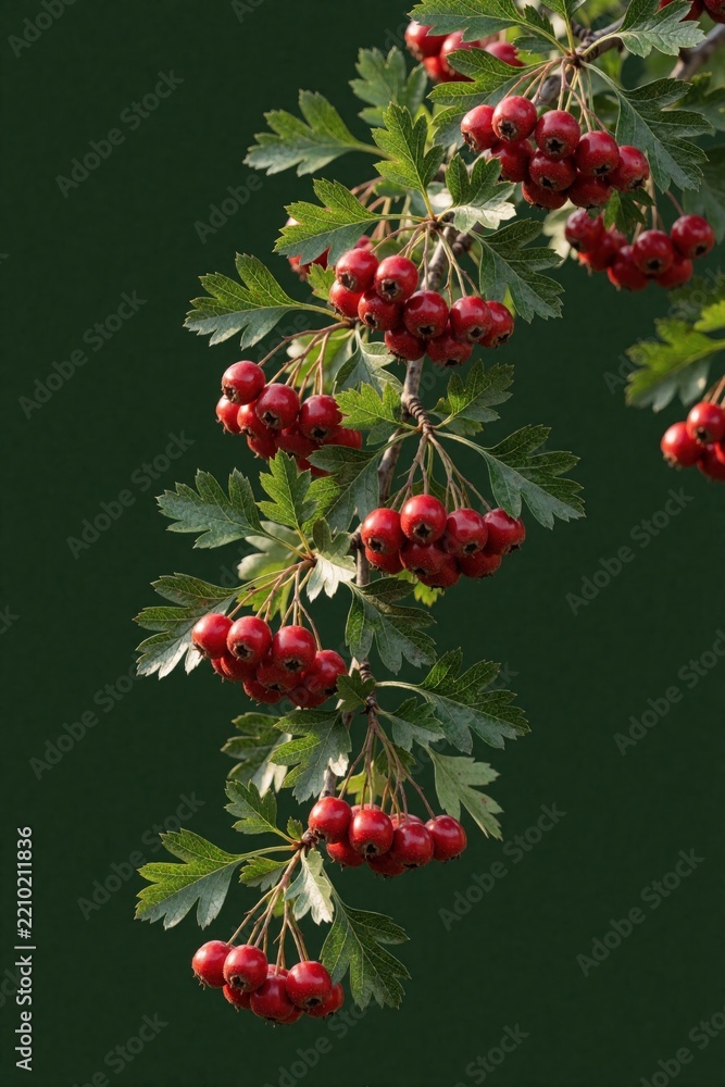 Obraz premium Red hawthorn berries grow on green leaves branch. Crataegus monogyna fruit clusters hang from bush in nature. Wild berry plant with small red fruit in summer forest. Close up of hawthorn branch