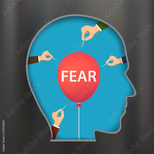 Silhouette of a human head with a balloon and the word fear inside. Vector illustration.
