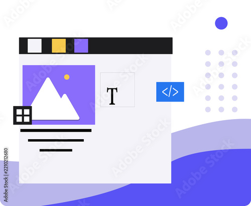 Website builder interface with content elements and coding tools for web design and development projects