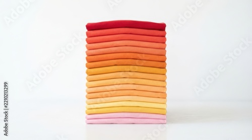 A stack of colorful folded tshirts arranged in a gradient color spectrum isolated on white background