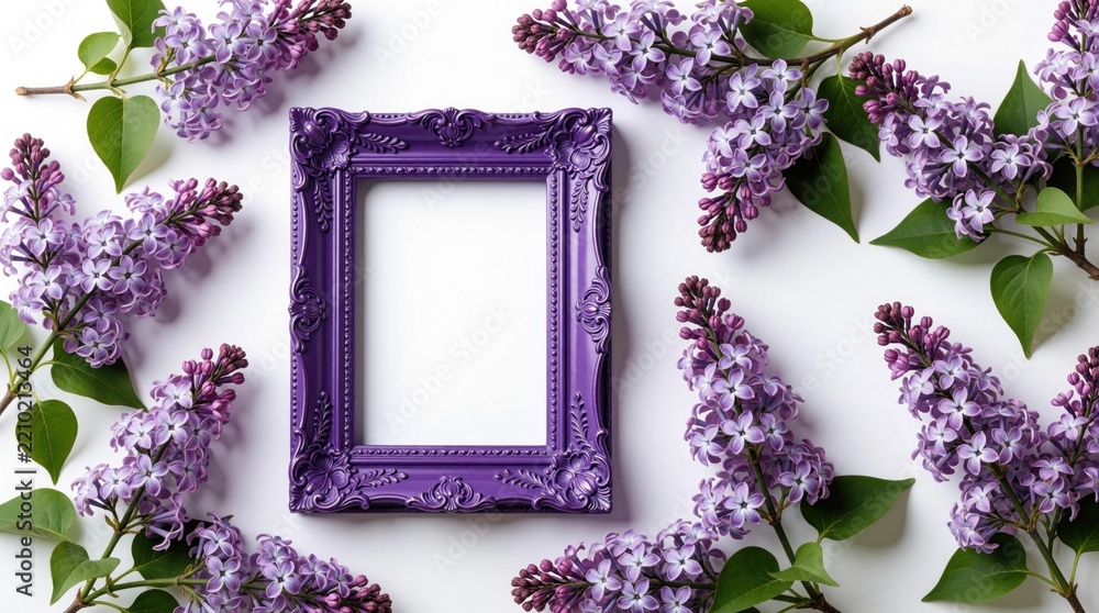 Fototapeta premium Purple ornate frame sits on white background surrounded by lilac flower branches. Beautiful violet blossoms with green leaves create floral border. Spring nature concept for wedding invitation, card