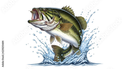 Largemouth bass leaping from water with splash during daytime fishing for sport and recreation