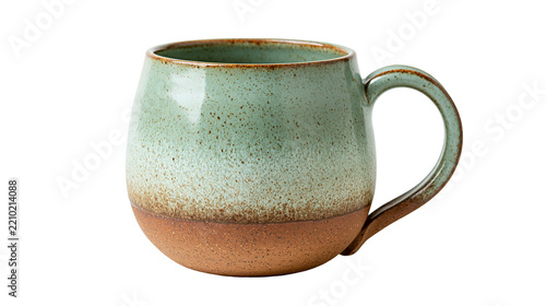Speckled green and brown ceramic mug with rounded shape and handle