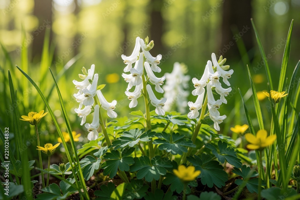 Obraz premium White corydalis flowers bloom in green forest during spring. Wild blossoms grow among grass, yellow buttercups. Sunny woodland scene shows fresh spring flora in natural habitat. Small delicate plants