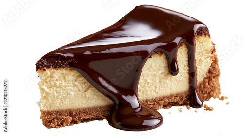 Creamy cheesecake slice topped with thick glossy dark chocolate ganache sauce