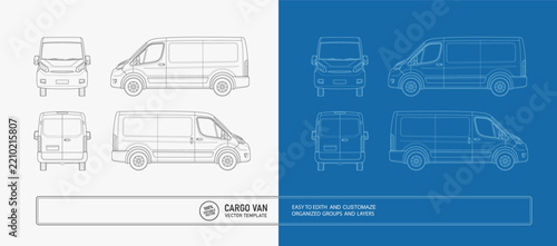 Cargo van blueprint vector template with four different views. Editable technical line drawing van for automotive design, engineering and vehicle illustration