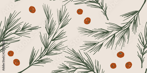 Hand-Drawn Botanical Pine and Berry Pattern Background