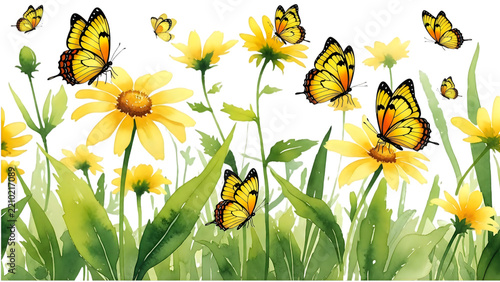 Yellow butterflies fluttering among blooming yellow daisies in soft morning light