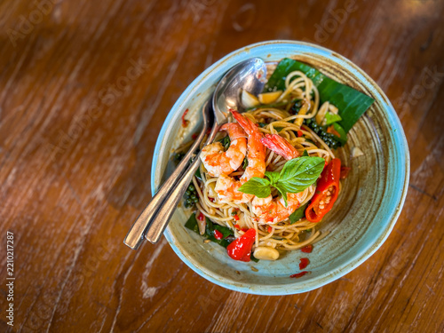 Spaghetti with Spicy Mixed Seafood on the table