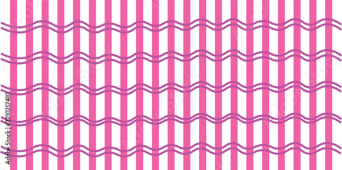 Pink vertical stripe and wavy horizontal lines seamless pattern vector illustration on a white background