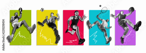 Boxer soccer player runner tennis player and basketball athlete move across bright panels with confident focus. Multisport training, fitness motivation, athletic performance concept
