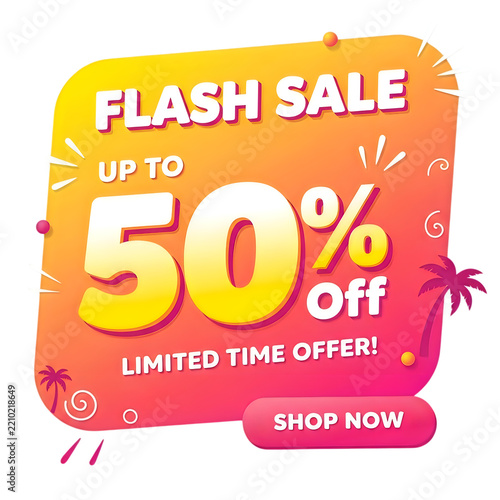 Flash sale announcement with up to 50 percent off during summer with tropical elements