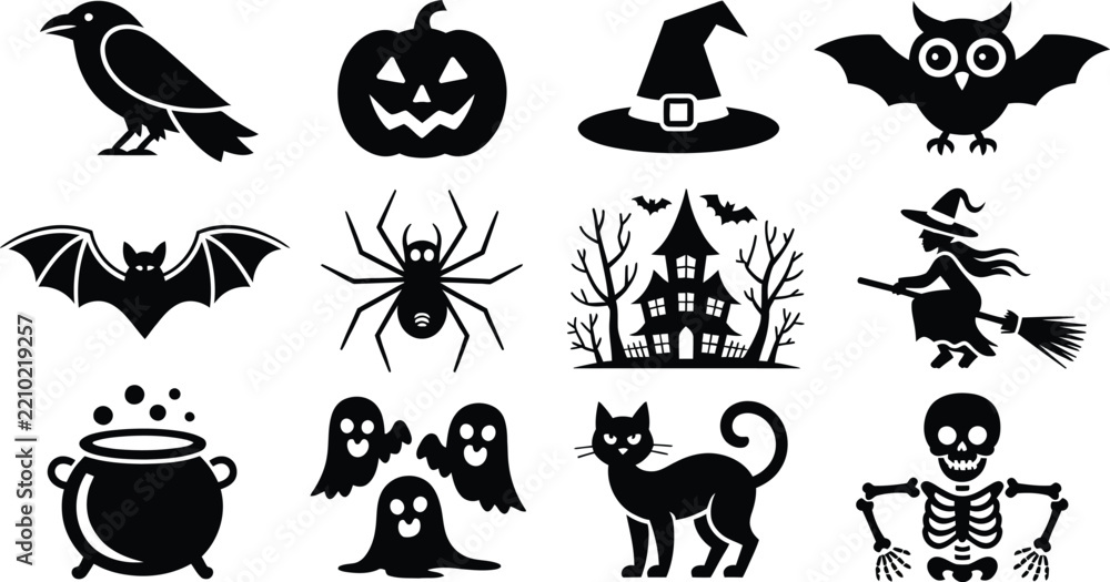 Fototapeta premium Collection of halloween themed black silhouettes featuring a crow, pumpkin, witch hat, owl, bat, spider, haunted house, witch on broom, cauldron, ghosts, cat and skeleton