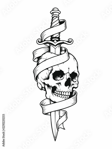 Traditional Tattoo Style Skull Pierced by Dagger with Blank Ribbon Line Art Illustration