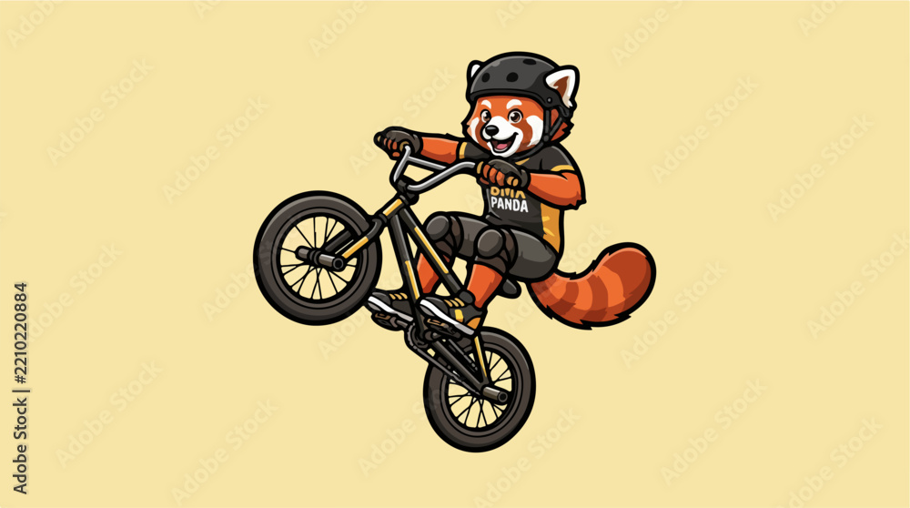 Obraz premium Red panda bmx athlete performing a bicycle stunt mascot.