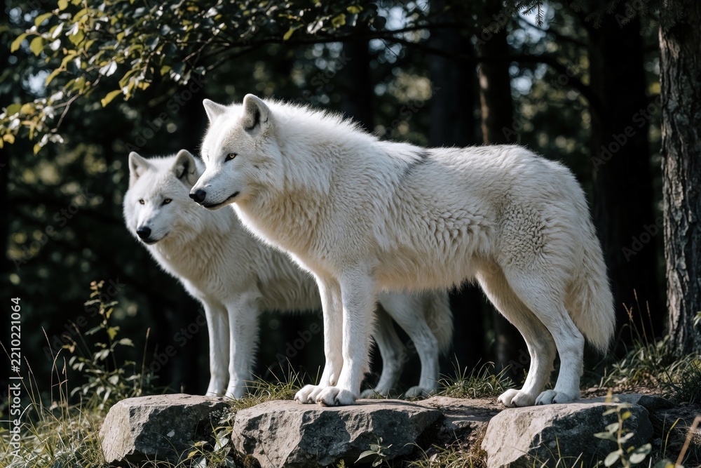 Obraz premium Two white wolves stand on rocks in forest. Arctic canis lupus predators watch surroundings in wild nature. Large mammals with thick fur look alert among trees in Hudson Bay wilderness. Majestic