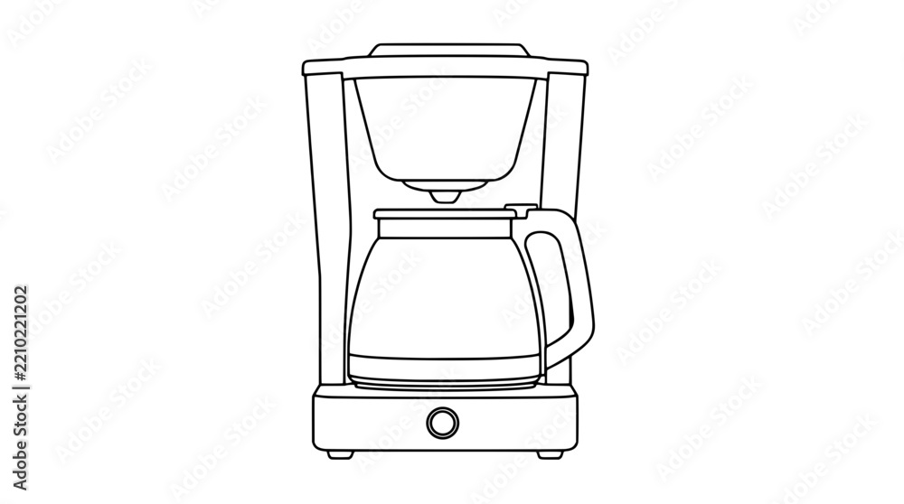 Fototapeta premium Black outline vector icon of a drip coffee maker with top filter basket, glass carafe, side handle and front power button drawn with medium lines in upright centered composition evoking brewing