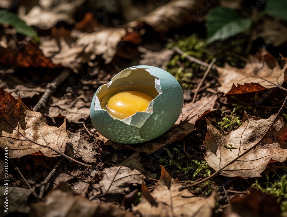 Obraz premium Broken bluish bird egg with yellow yolk lies on forest ground among dry brown autumn leaves. Macro view shows cracked shell, fragile life. Natural outdoor setting with moss, organic debris represents