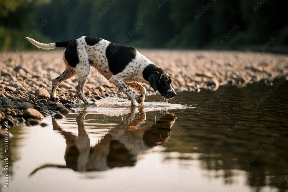 Obraz premium Black, white English pointer dog walks through shallow river water. Hunting dog sniffs stream edge near rocky shore. Pet animal drinks explores forest river during autumn season. Natural outdoor