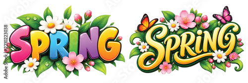 Spring celebration with colorful floral sticker designs in vector