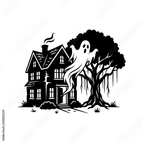 Ghost flying out of a haunted house next to an old tree