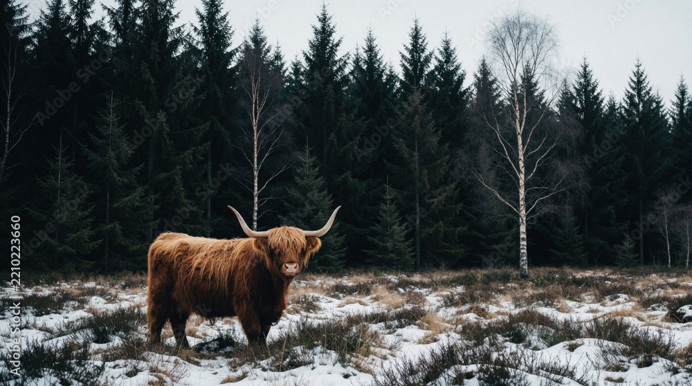 Obraz premium Brown highland cow stands in snowy field near dark pine forest. Long hair cattle grazes on winter pasture. Large horns animal looks at camera in cold rural landscape. Scottish breed beef livestock