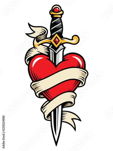 Traditional Tattoo Style Dagger Piercing Red Heart with Blank Ribbon Illustration