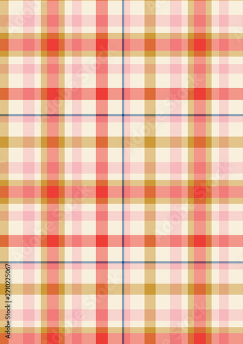 Classic pink and red plaid seamless pattern with beige and blue lines. Traditional tartan checkered fabric texture background. Geometric textile print vector illustration for apparel and wallpaper.