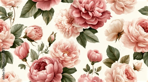 Beautiful pink roses and peonies blooming, creating a seamless botanical pattern for elegant backgrounds, fabric, or wallpaper design