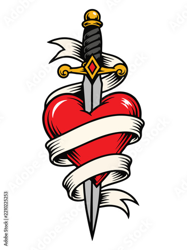 Traditional Tattoo Style Dagger Piercing Red Heart with Blank Ribbon Scroll