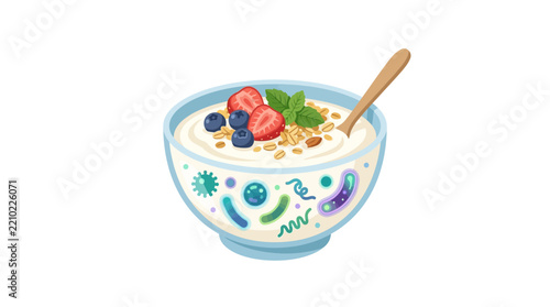 Probiotic yogurt bowl with fresh berries illustration.