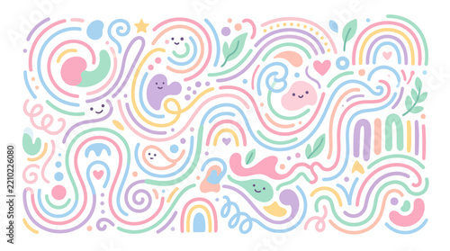 Playful doodle pattern with hearts and curly pastel lines.