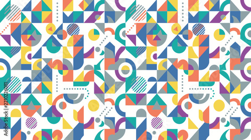Playful multi-colored geometric pattern with circles and dots.