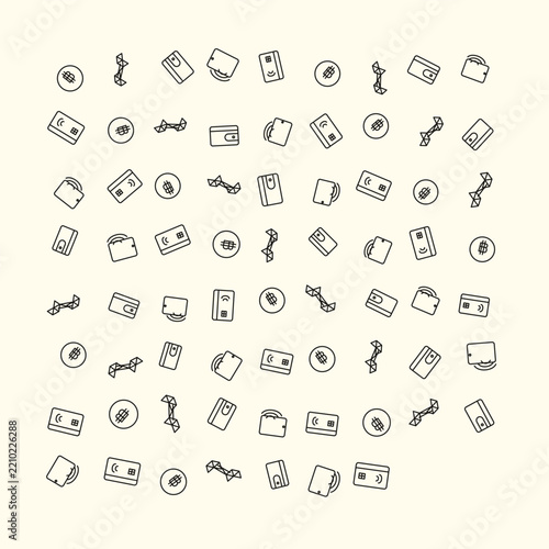 Seamless hand drawn doodle icons representing finance money and banking concepts with minimalist wallets coins and credit cards pattern design