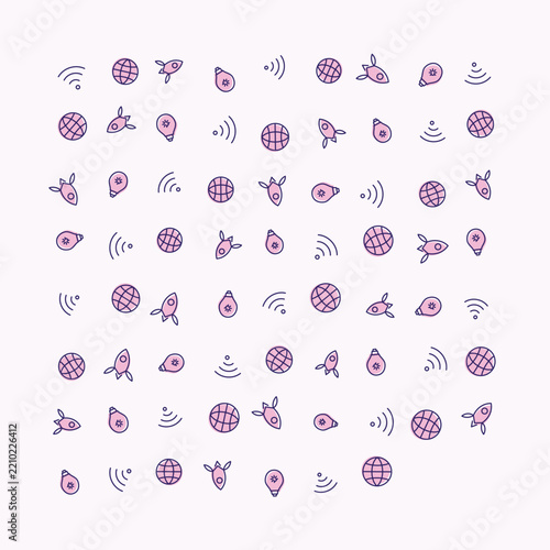 Vector pattern with technology icons including rocket, globe, wifi signal, and map pin symbols on light background