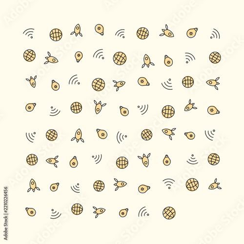 Seamless pattern featuring technology icons, globes, rockets, and Wi-Fi symbols in thin outline style