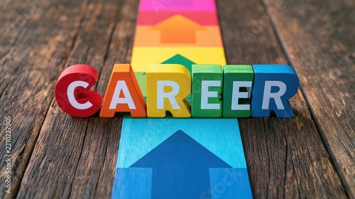Colorful letters spell out the word career on a wooden surface with an upward arrow path.