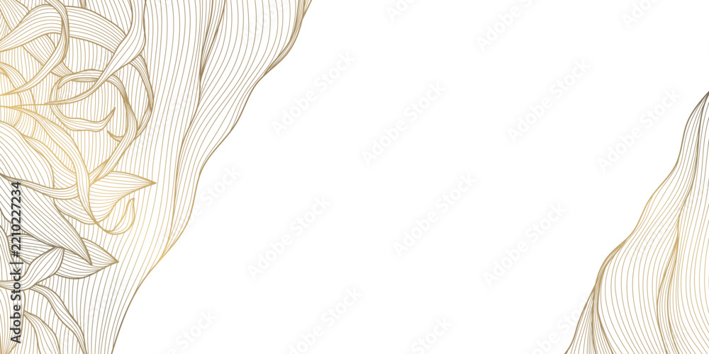 Fototapeta premium Luxury vector gold leaf pattern with elegant art deco leaves, flowers, line corners design. Drawing nature wedding invitations, cards, frames, borders