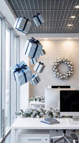 Modern office interior decorated for the holidays with magical floating icy blue and silver gift boxes suspended above a desk. Corporate Christmas and year-end bonus concept